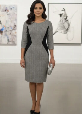 Pendleton Houndstooth Plaid Dress 8 Gray Wool Sheath Knee Length Academia Career